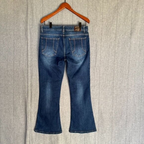 Run & Fly Stone Wash Blue Distress Stretch Denim Rock N Roll Bell Bottom Flares - Picture 5 of 11